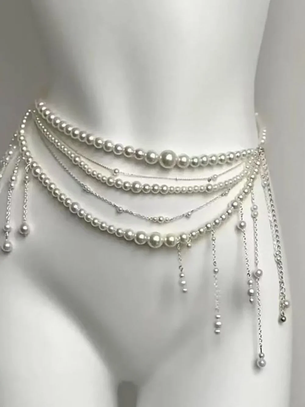 Multilayer Pearl Tassel Waist Chain Trendy Flower Waistband White Pearl Body Cha